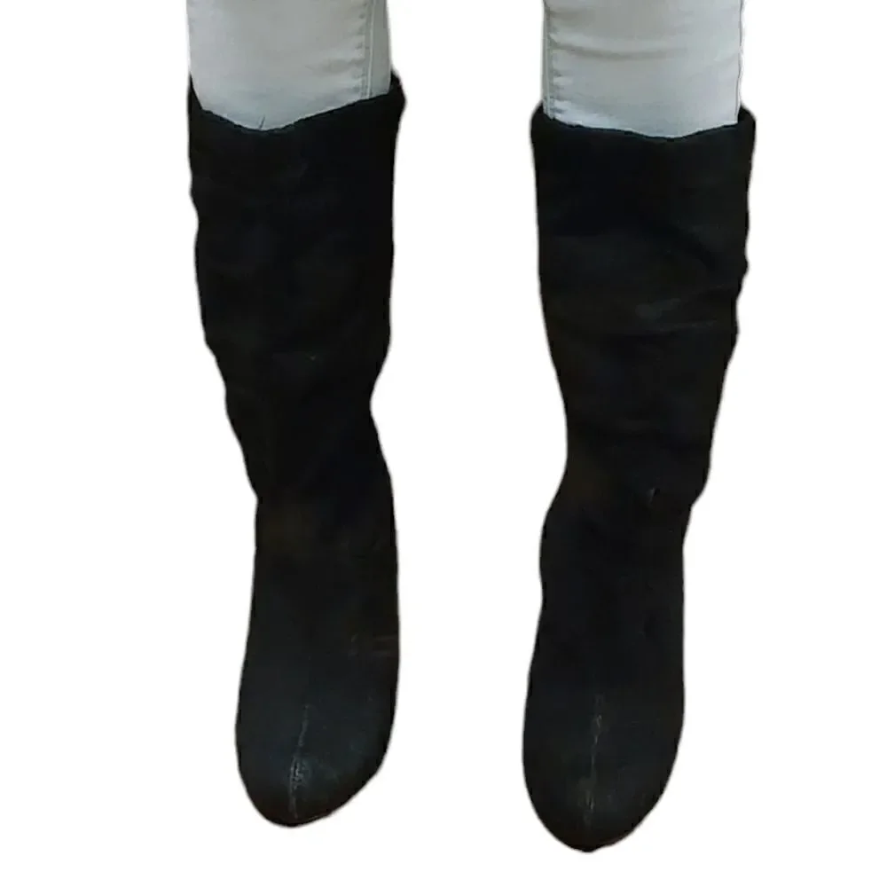 Black suede mid calf heeled booties